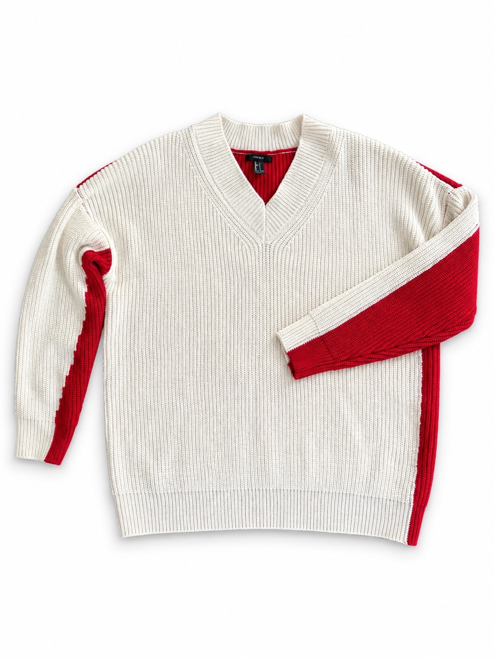 Forever 21 Large Red Cream Colorblock V Neck Ribbed Knit Sweater